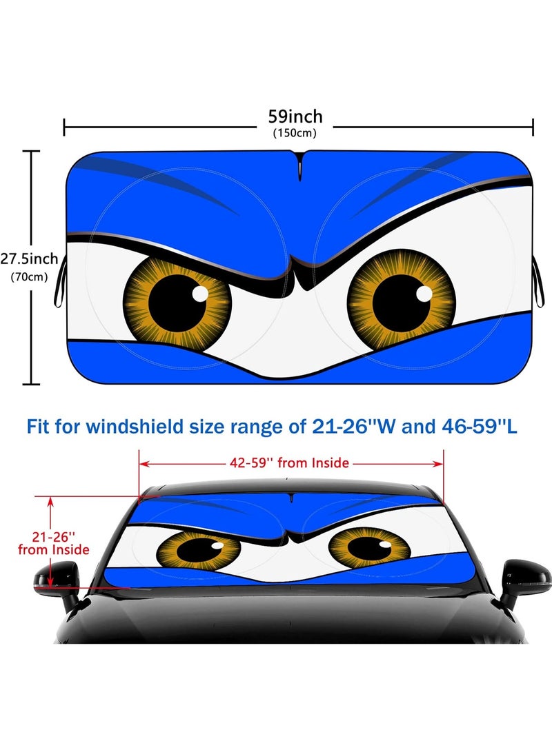 FAYET Funny Car Eyes Windshield Sun Shade – Foldable UV Protection Sun Visor, Heat Reflective Windshield Cover with Straps for Cars, SUVs & Trucks - Image 2